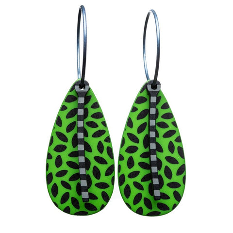 Green Black Tear Drop Earrings with Thin Grey Overlay
