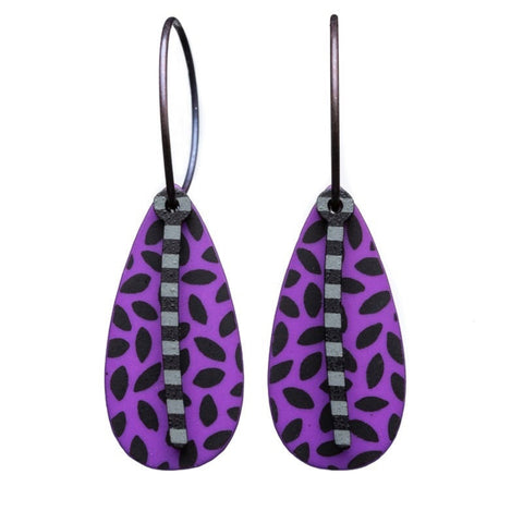 Purple/Black Tear Drop Earrings with Thin Grey Overlay