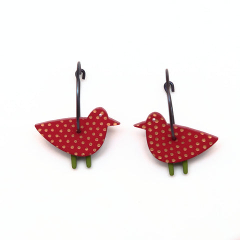 Lene Lundberg Red Bird Earrings with Gold Spots and Green Legs