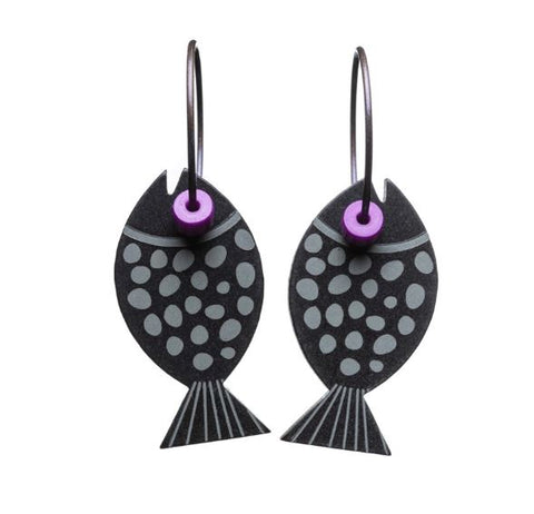 Lene Lundberg Earrings Round Black Fish and Green Spots