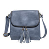 Long & Son denim blue faux-leather crossbody bag with a front flap, gold-tone hardware, and two matching tassel zip pulls. Long & Son denim blue faux-leather crossbody bag with a front flap, gold-tone hardware, and two matching tassel zip pulls.