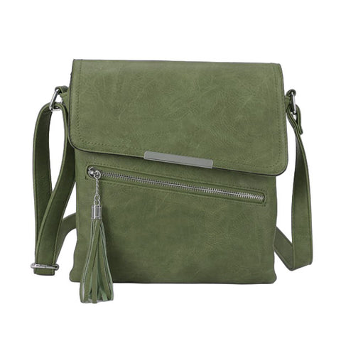 Long & Son Diagonal Flap Over Cross Body Shoulder Bag Tab Fastening with Centred Zip with Tassel in Green