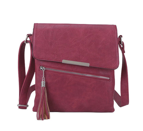 Long & Son Diagonal Flap Over Cross Body Shoulder Bag with Centred Zip and Tassel in Red