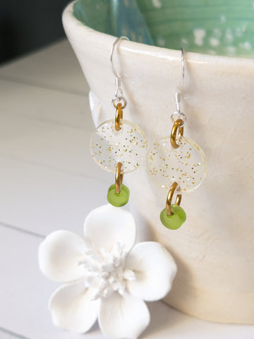 MarMoo Recycled Acrylic and Sterling Silver Drop Earrings (Clear with Gold/Lime)