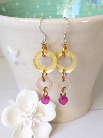 MarMoo Recycled Acrylic Gold and Pink Hoop Drop Earrings on Sterling Silver Wires