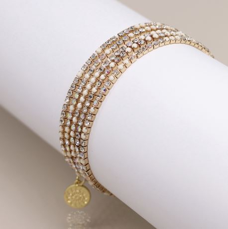 Pom Golden Multistrand Cream Mix Crystal Bracelet Stack