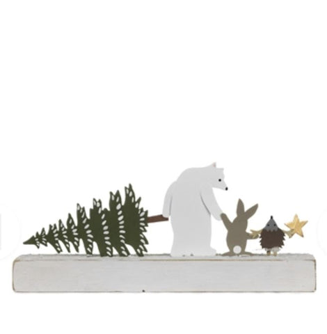 Shoeless Joe Bear and Friends on Wooden Block