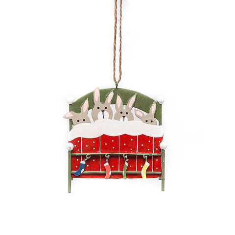 Bunnies in Bed with a Red Blanket Hanging Christmas Decoration from Shoeless Joe