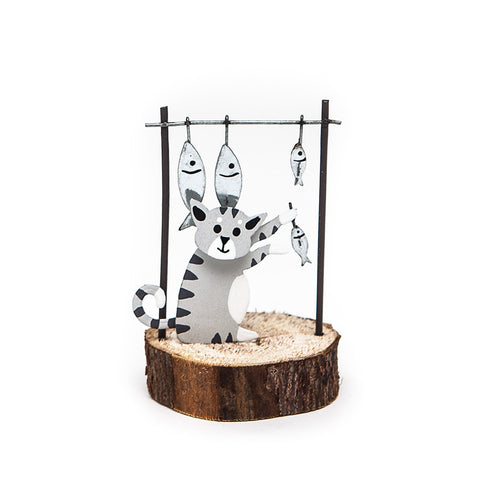 Shoeless Joe Grey Fishmonger Cat with Fish on a Rack