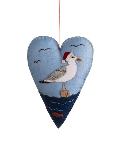 Shoeless Joe Seagull on Blue Heart Hanging Christmas Decoration