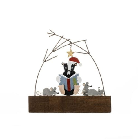 Shoeless Joe Badger Reading to Mice on Wooden Block Christmas Decoration