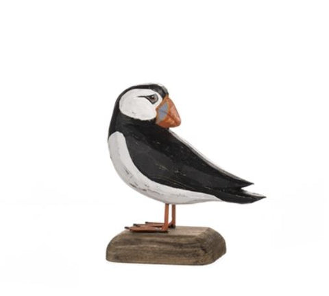 Shoeless Joe Puffin Looking Over his Shoulder on Wooden Block