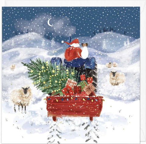 Santa Sleigh with Dog and Tree Christmas Card