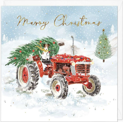 Tractor Dog with Christmas Tree Christmas Card