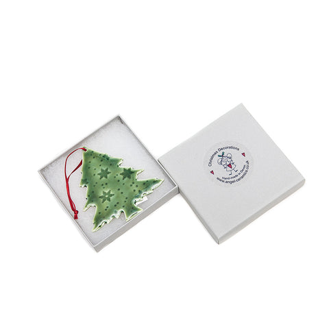 Angel Ceramics Large Green Glazed Tree with Flakes Hanging Christmas Decoration in Box