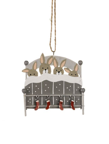 Bunnies in Bed with a Grey Blanket Hanging Christmas Decoration from Shoeless Joe