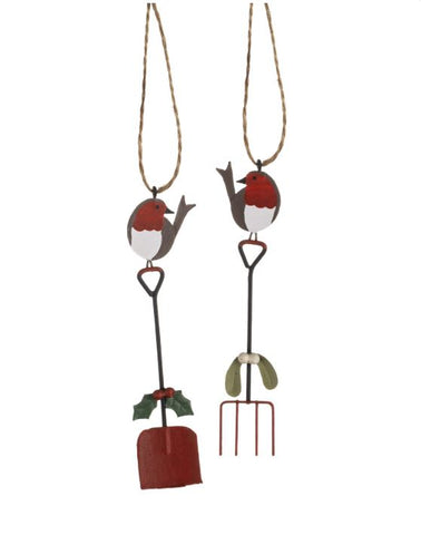 Shoeless Joe Robins Perched on Garden Fork and Spade