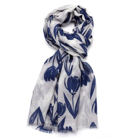 Navy and White Tulips Scarf