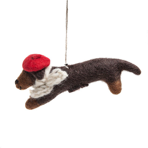 Amica Fair Trade Felt Sausage Dog with Beret Decoration