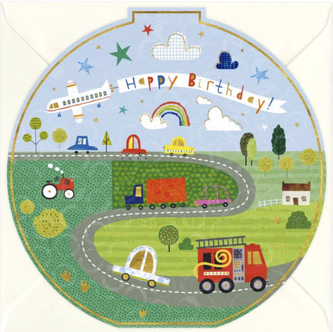 Cars, Tractors and Planes Round Birthday Card