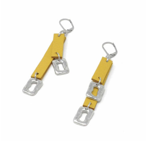 Sobo Double Yellow Leather and Small Ring Feature Earrings