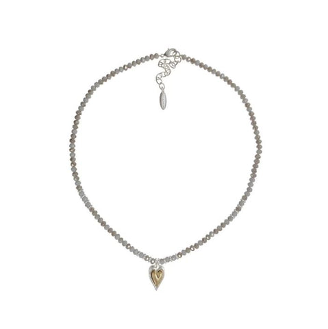 Hot Tomato Two Tone Heart Drop Necklace with Crystals in Grey and Gold
