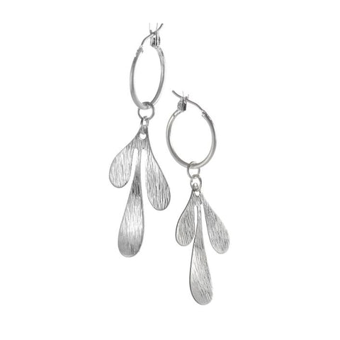 Hot Tomato Leaf Charm Captured on Hoop Earrings in Worn Silver