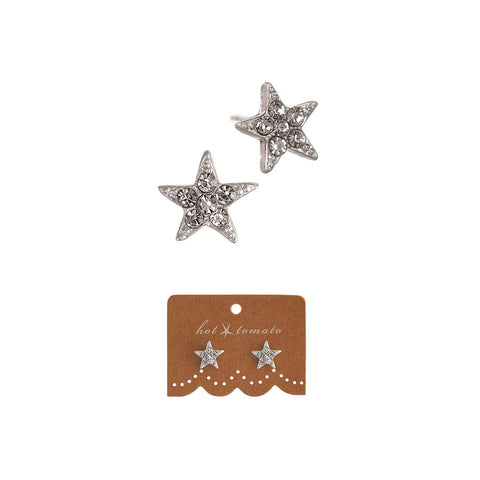Hot Tomato Triptych Star Stud Earrings in Worn Silver with Clear Crystals
