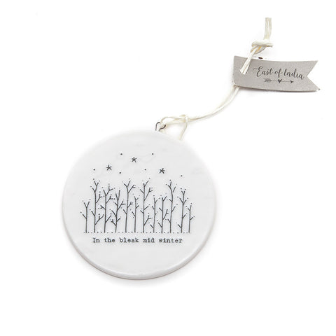 East of India 'In the Bleak Mid Winter' Flat Ceramic Bauble front