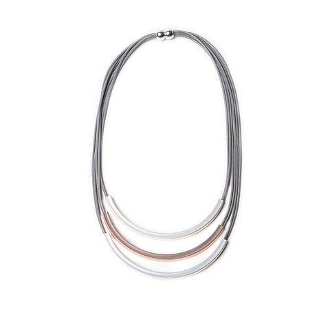 Gracee Multi Strand PU Leather Necklace with Curved Silver and Rose Gold Bars