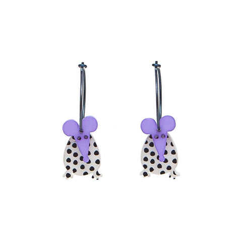 Lene Lundberg K-Form White and Black Spotty Lilac Head Mouse Earrings
