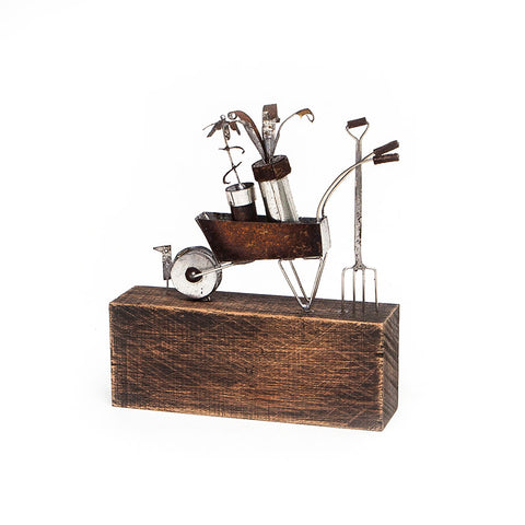 Wheelbarrow Fork and Bird Sculpture in Wood and Metal by Sarah Jane Brown