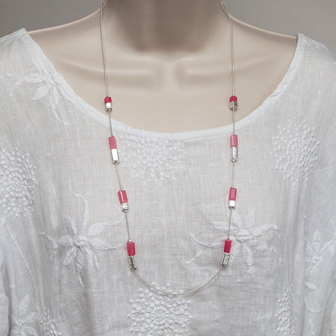 Long Silver Finish Adjustable Necklace with Pink/Silver Beads