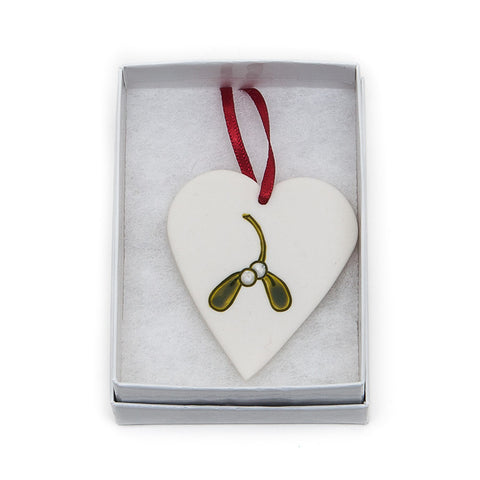 Angel Ceramics Matt Heart Hanging Christmas Decoration with Hand-Painted Mistletoe Motif