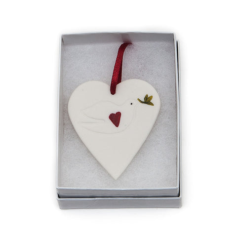 Angel Ceramics Matt Heart with Hand-Painted Dove Hanging Decoration