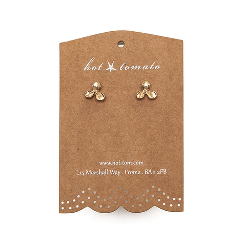 Hot Tomato Trillium Flower Stud Earrings in Worn Gold on card
