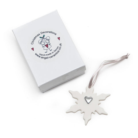 Angel Ceramics Matt Snowflake with Silver Heart Hanging Decoration with box