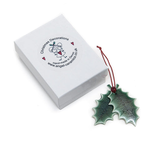 Angel Ceramics Glazed Double Holly Leaf Hanging Decoration with box