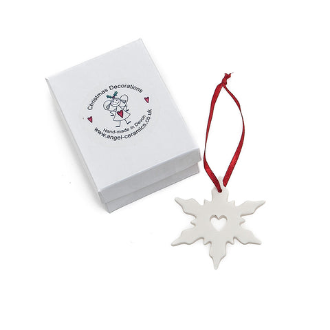 Angel Ceramics Matt Snowflake with Cutout Heart Hanging Decoration with box