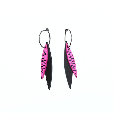 Lene Lundberg Pink and Black Double Leaf  Earrings