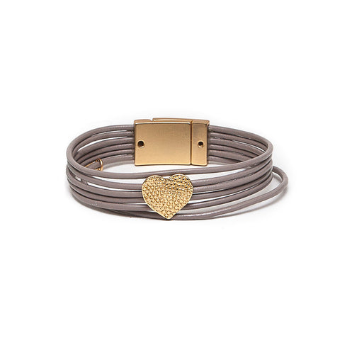 Pom Taupe Leather Bracelet with Golden Dotty Heart