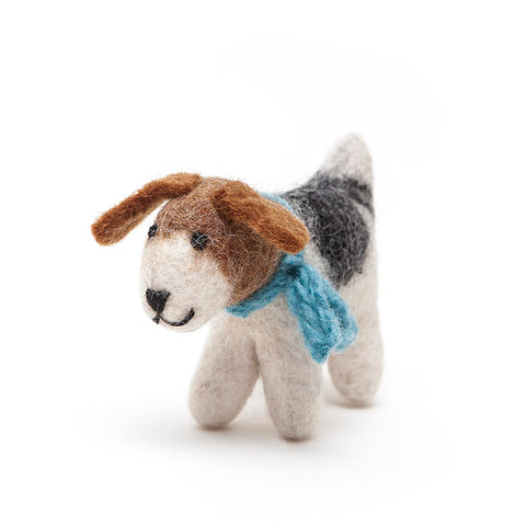 Amica Fair Trade Felt Medium Fox Terrier Dog with Blue Scarf