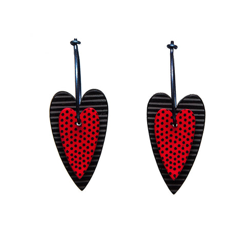 Lene Lundberg K-Form Red/Black Double Heart Earrings