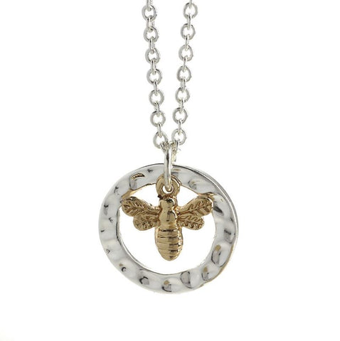 Pom Silver Plated Hammered Hoop and Golden Bee Necklace
