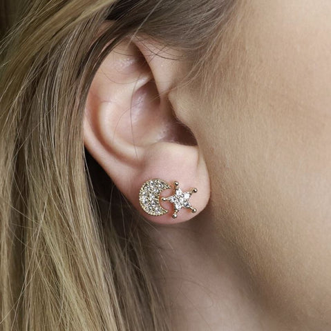 Pom Moon and Star Gold Plated Crystal Stud Earrings