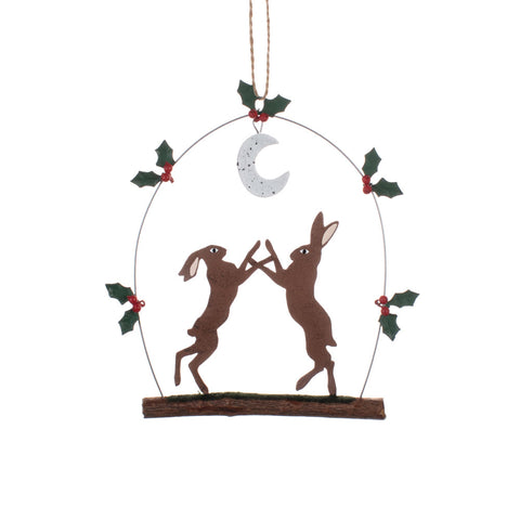 Shoeless Joe Boxing Hares on Twig Hanging Decoration