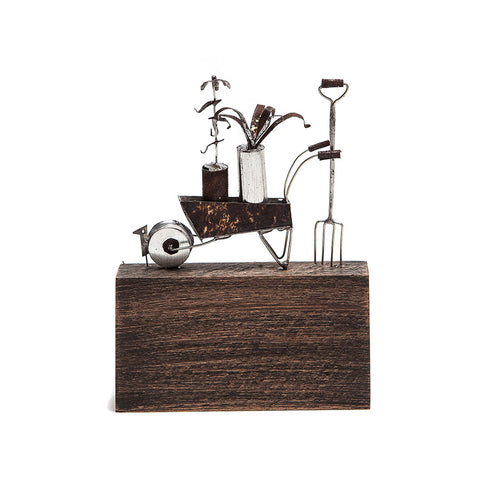Wheelbarrow Fork and Bird Sculpture in Wood and Metal by Sarah Jane Brown