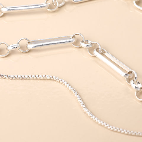 Pom Silver Plated Double Layer Paper Link and Box Chain Necklace with Beaten Discs Chain Pic