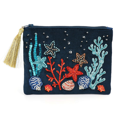 PoM Navy Velvet Sealife Embroidered Zip Purse/Pouch