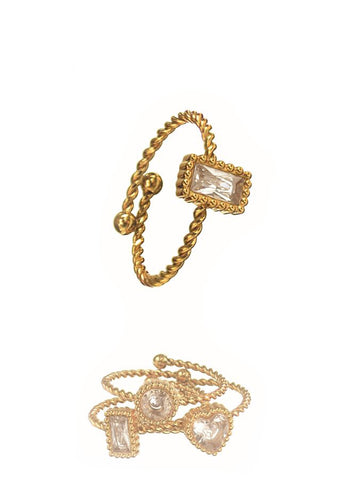 Hot Tomato Stack Solo Rectangular Adjustable Ring in Stainless Steel and 18K Gold Clear